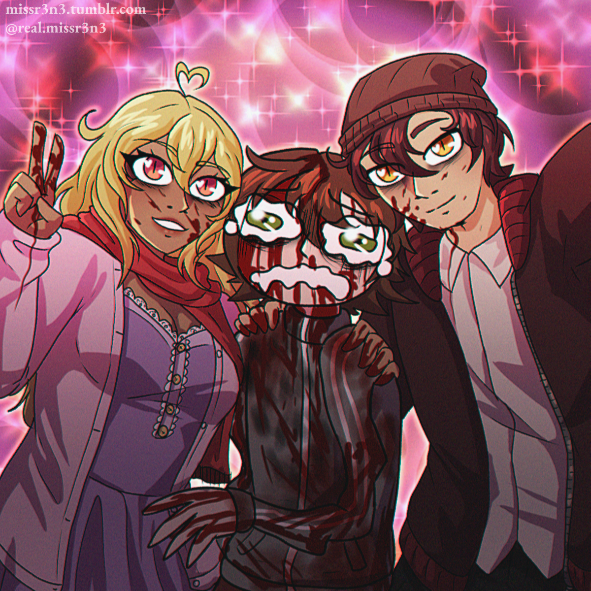 a shojo themed drawing of julie, rome, and the man they hit with their car from the cabin tales valentines special